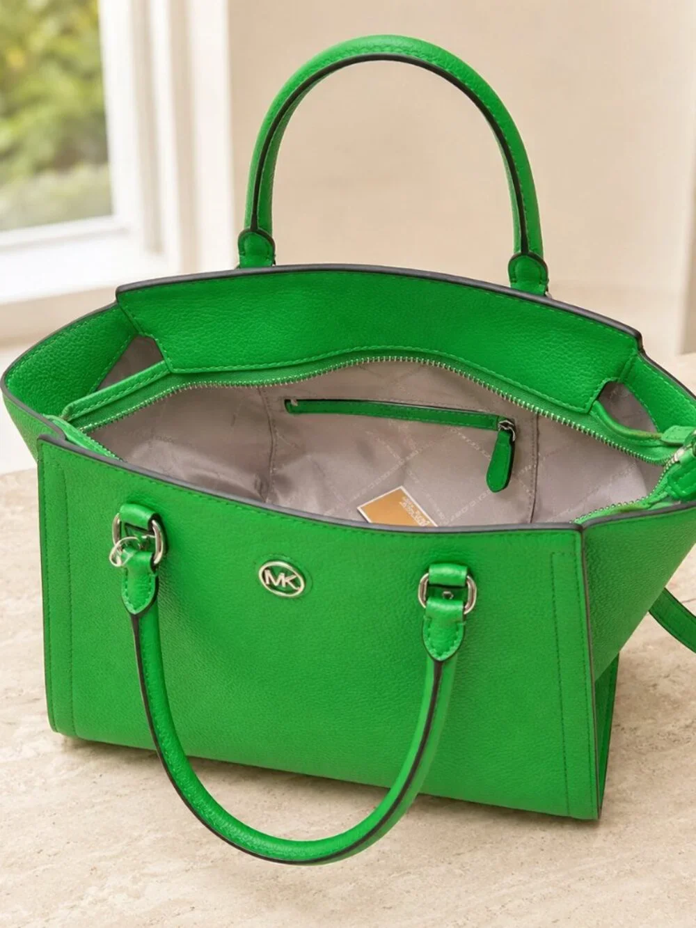Michael Kors Freya Green Pebbled Leather Satchel Tote Crossbody Bag NWT